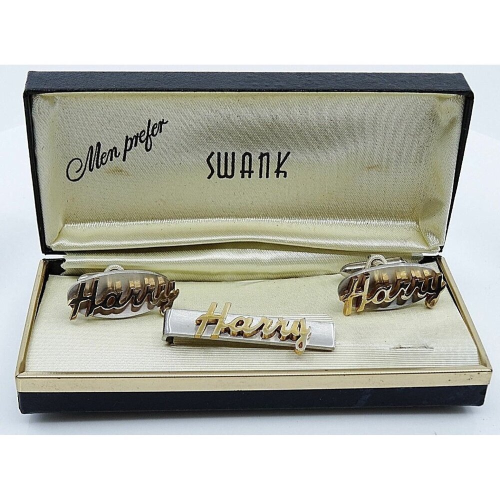 HARRY Name Vintage Cufflinks Tie Clip Bar Set Swank NOS Original Box 1950s
